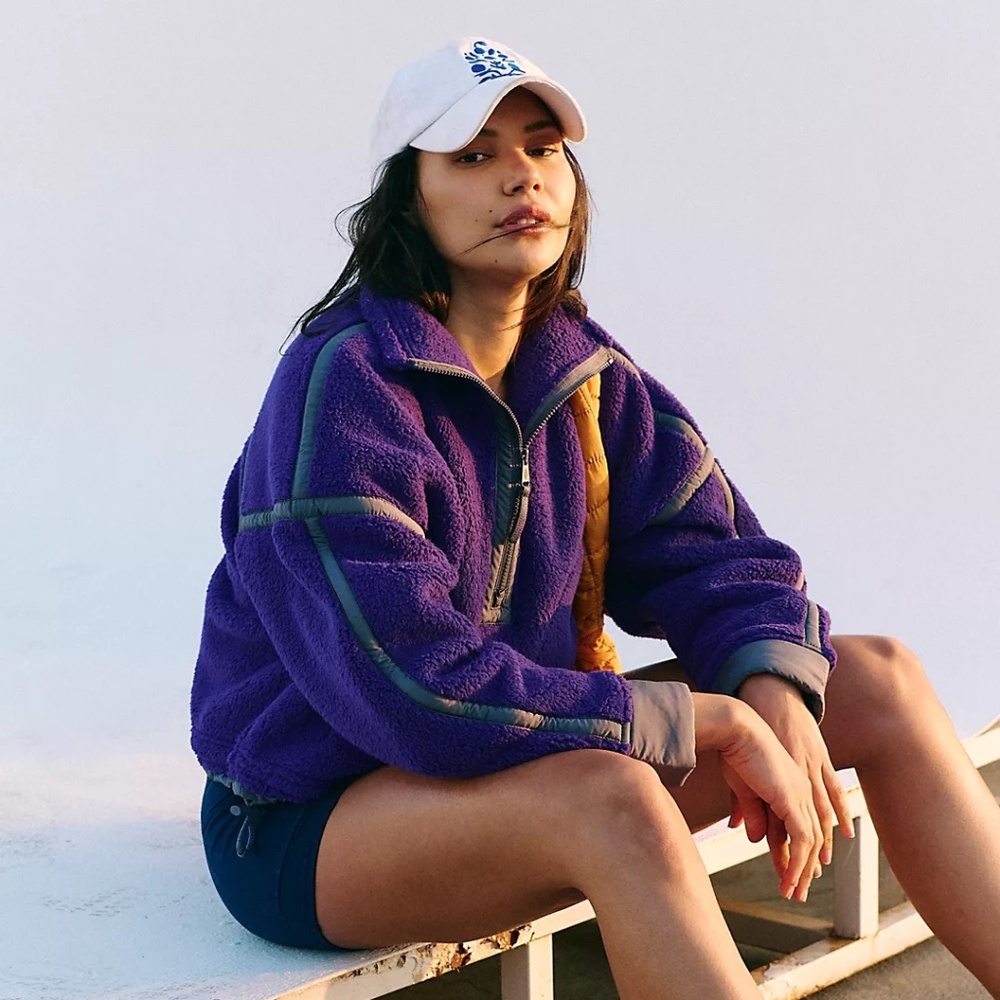 Free People Purple Teddy Fleece Jacket with Olive Trim